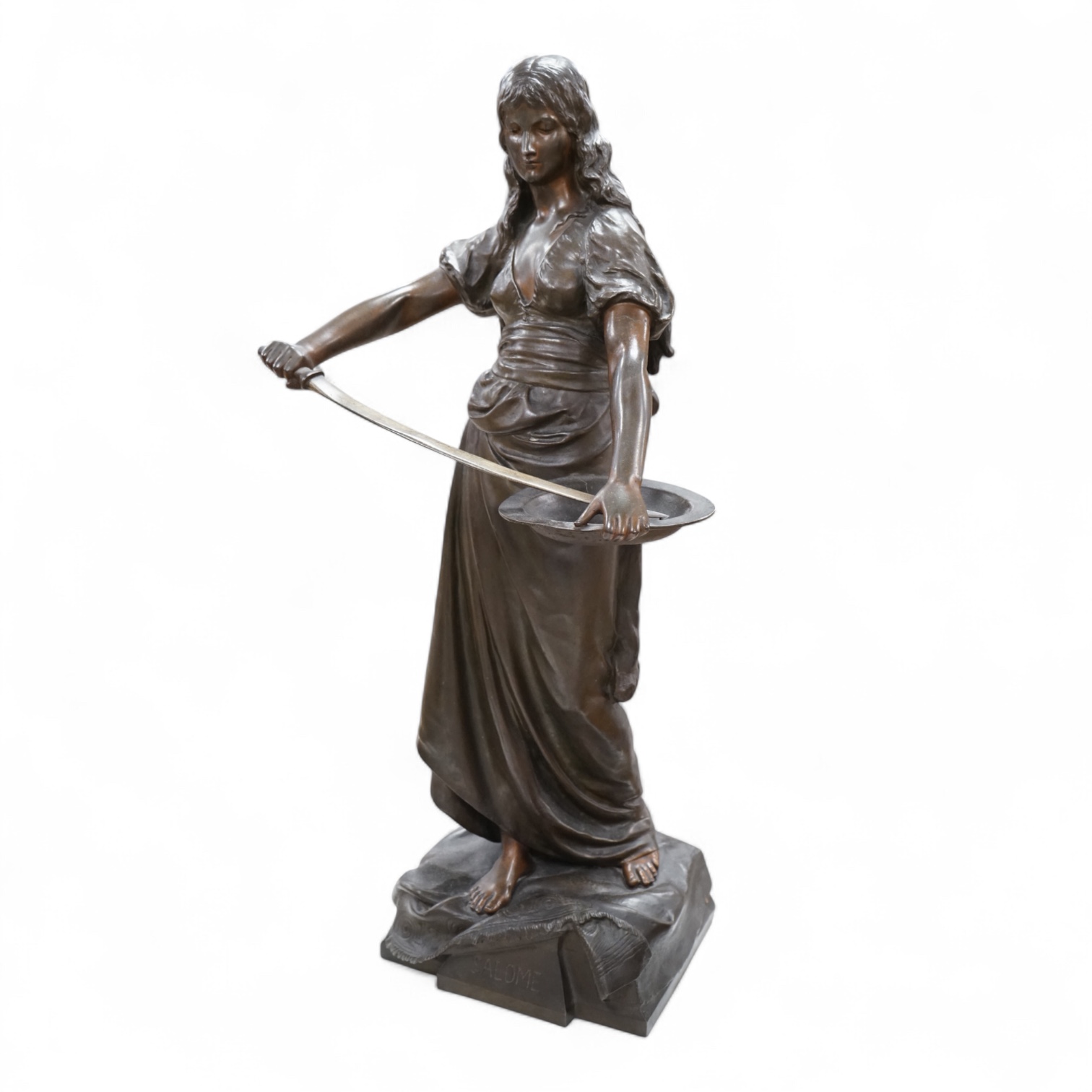 A large French patinated spelter figure of Salome, late 19th century, 75cm high